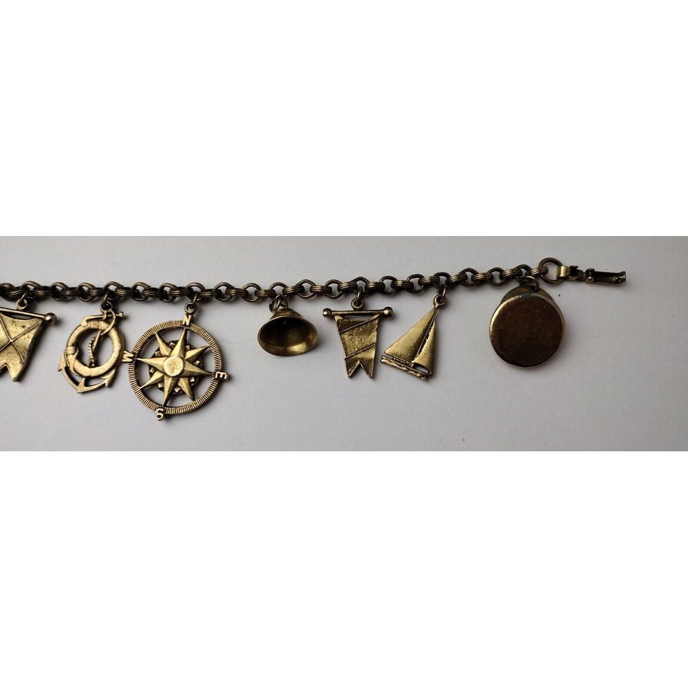 Vintage Coro Antiqued Gold Tone Nautical‎ Theme Charm Bracelet Sailboat Anchor - Picture 3 of 5